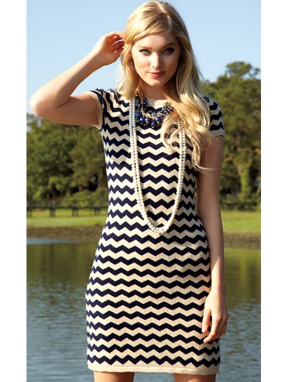 Lilly Pulitzer Navy Blue Tan Santana Wool Sweater Chevron Print Mini Dress